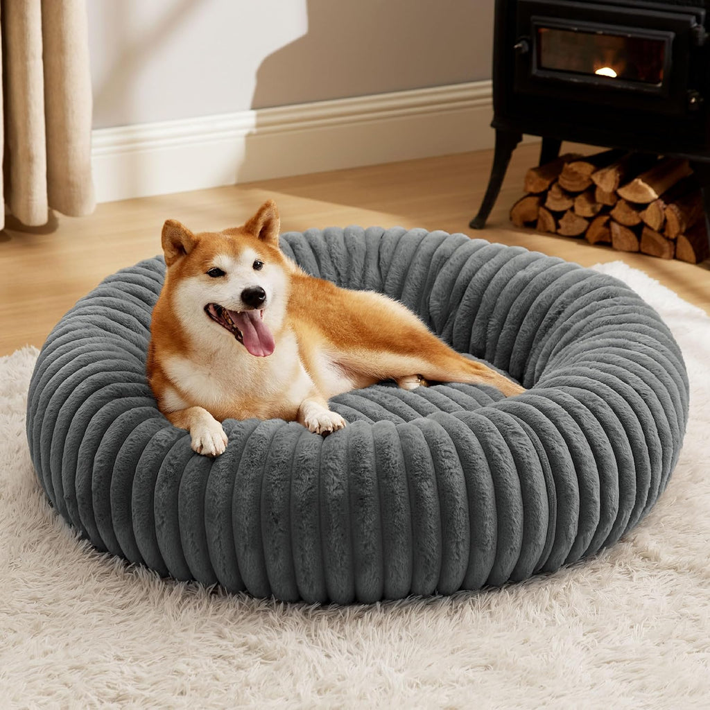 Donut Small Dog Bed - Dog Beds for Small Dogs with Corduroy Fleece & anti Slip Bottom, round Faux Fur Pet Beds with Washable Removable Cover, Cream, 27X27X8 Inches
