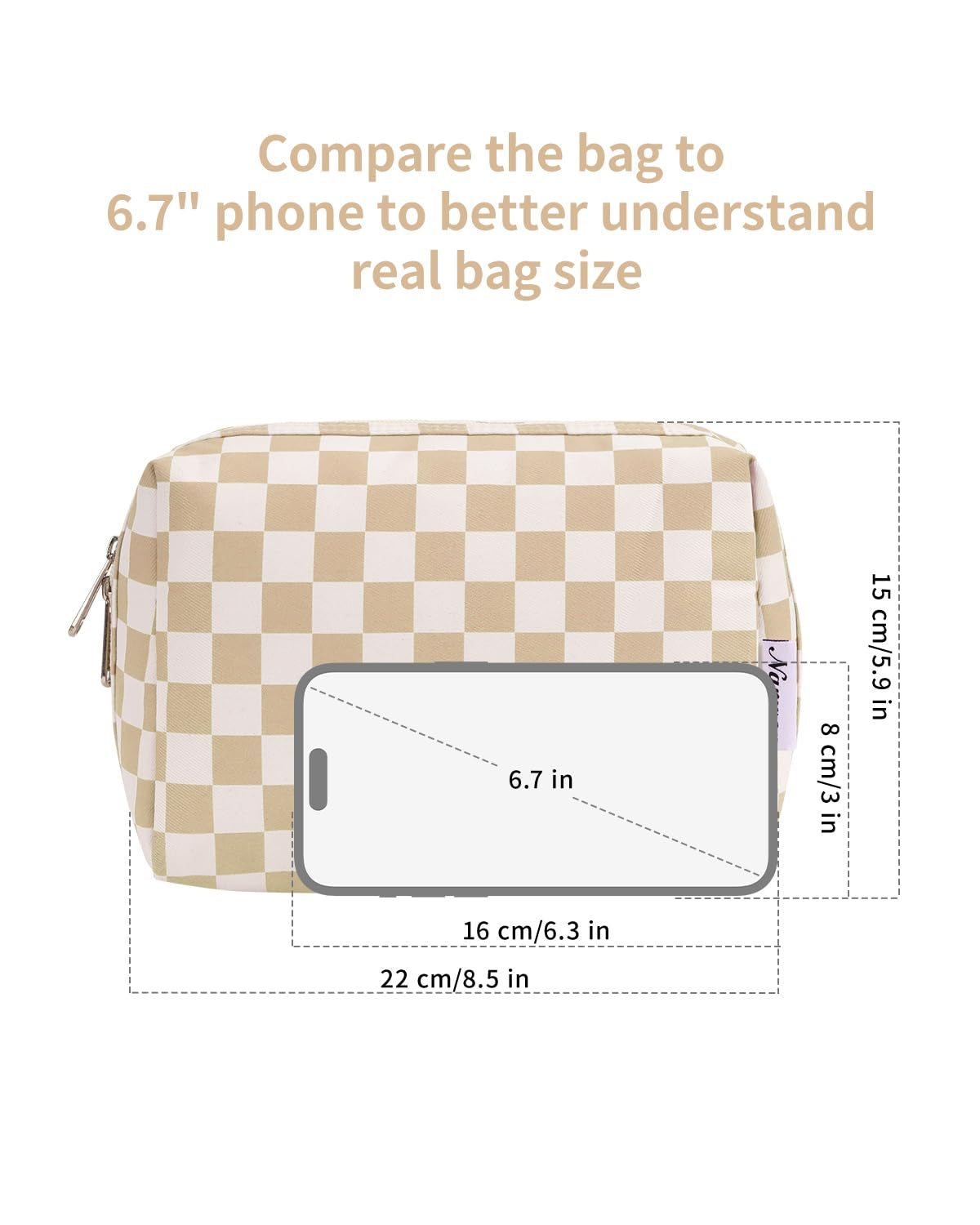 Checkered Makeup Bag Travel Cosmetic Bag Organizer Toiletry Bag Make up Bags with Compartments for Women Girls (Large, Light Checkerboard)