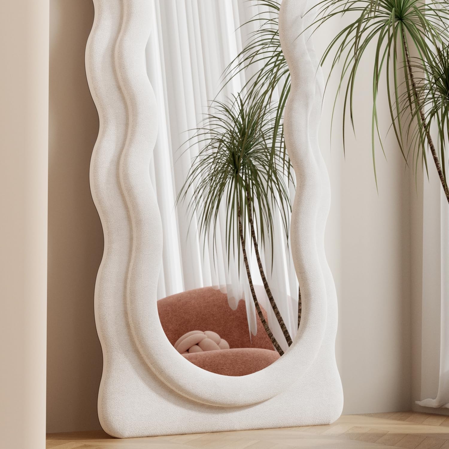 Full Length Mirror, 63" X 24"Irregular Wavy Mirror, Large Floor Length Mirrors Wall Mounted, Standing Wavy Mirrors with Flannel Wrapped Wooden Frame for Bedroom/Living Room, White