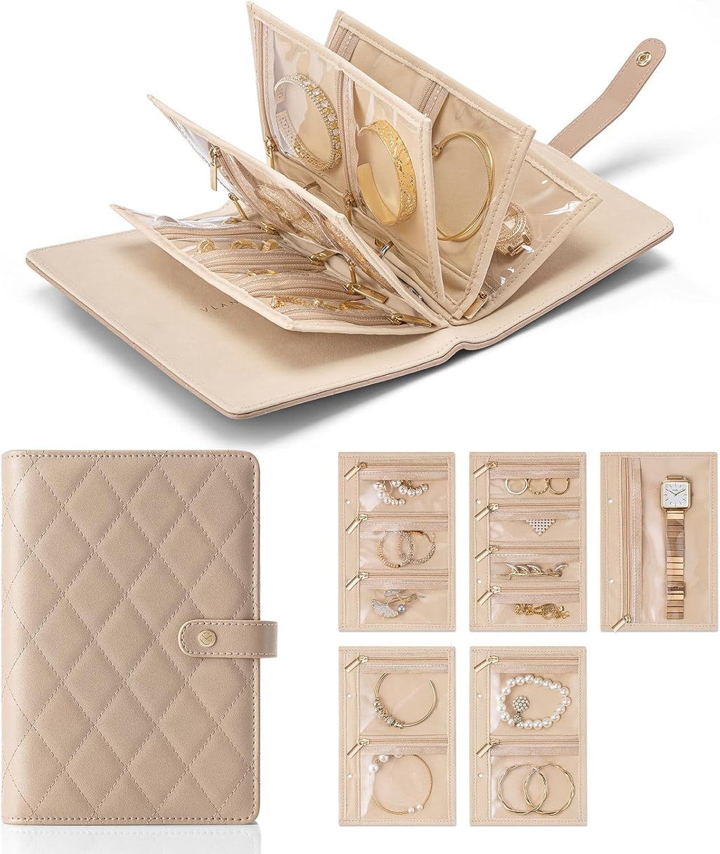 Mothers Day Gifts,Travel Jewelry Organizer Case,Jewelry Storage Book Ring Binder with Clear Zipper Velvet Jewelry Pouches Bags for Rings,Necklace,Earrings-Cream White