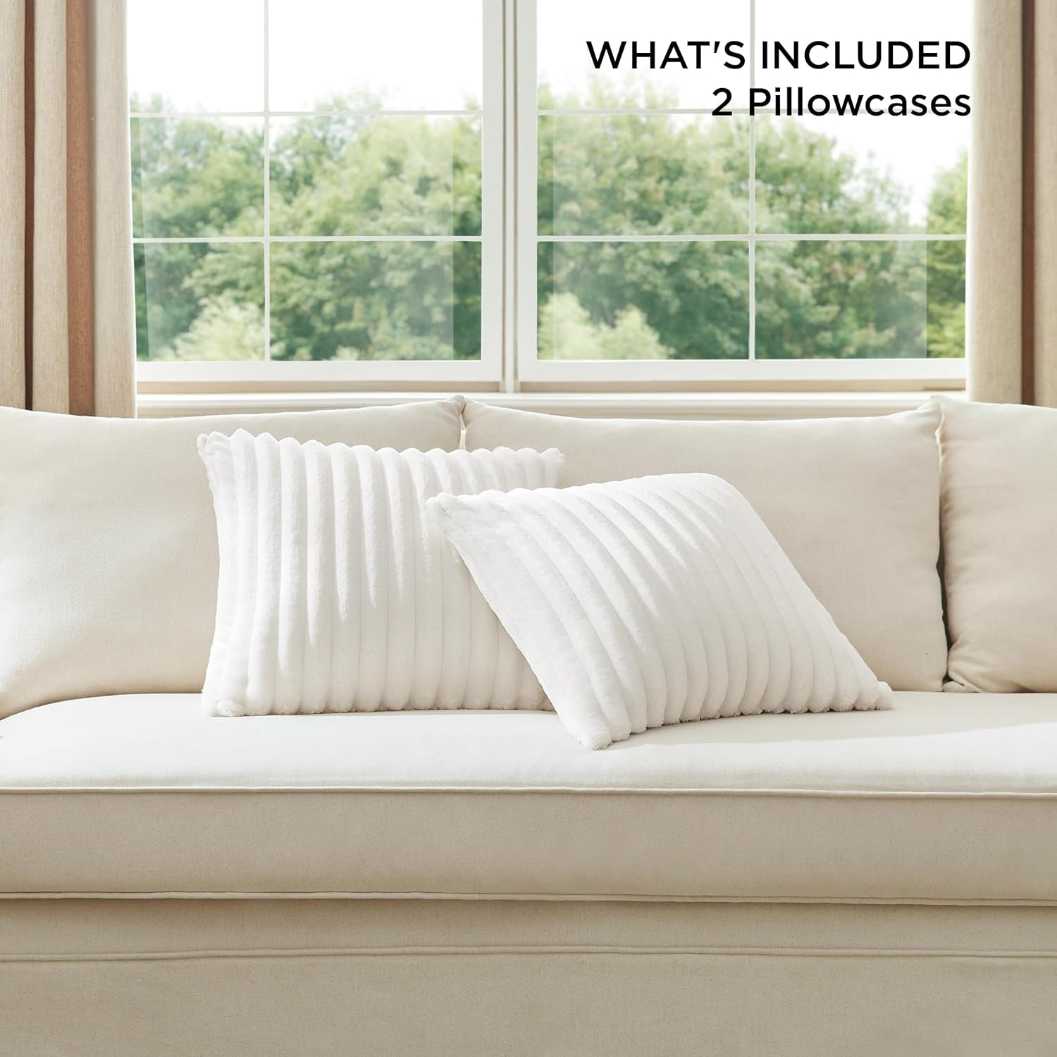 White Throw Pillow Covers 18X18 Set of 2, Soft Decorative Fluffy Striped Sofa Pillow Covers, Home Decor for Living Room Couch Bed