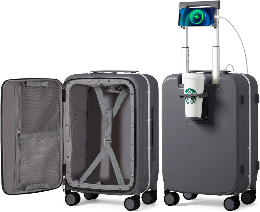 Carry on Luggage with Cup Phone Holder and Charger Hard Shell Suitcases with Spinner Wheels, 20 Inch Smoke White
