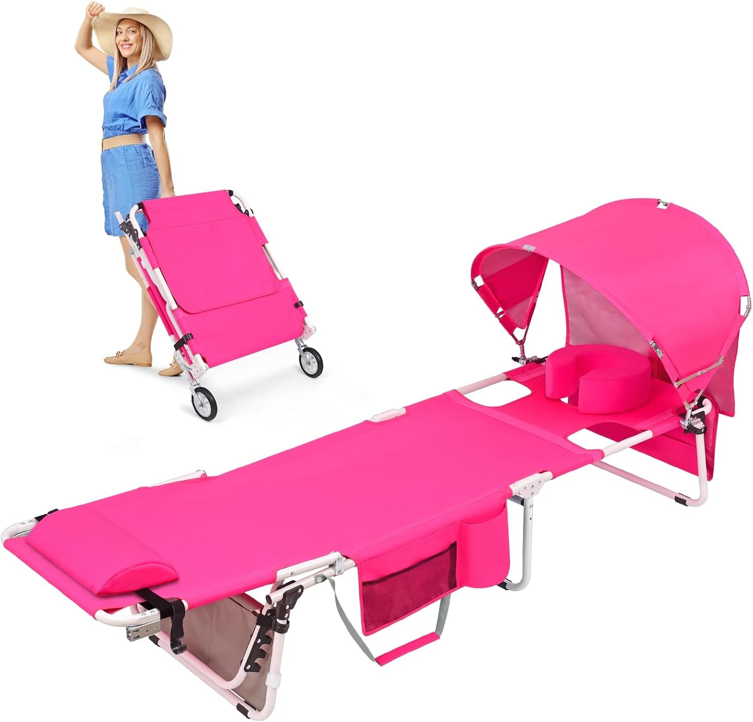 Wheel-To-Go Tanning Chair with Wheels Sun Canopy Umbrella Face Hole Thicker Washable Adjustable, Heavy Duty Folding Lay Flat Sun Lounge Chair Beach outside Sunbathing Reading, UPF 50+ (Patent Design)