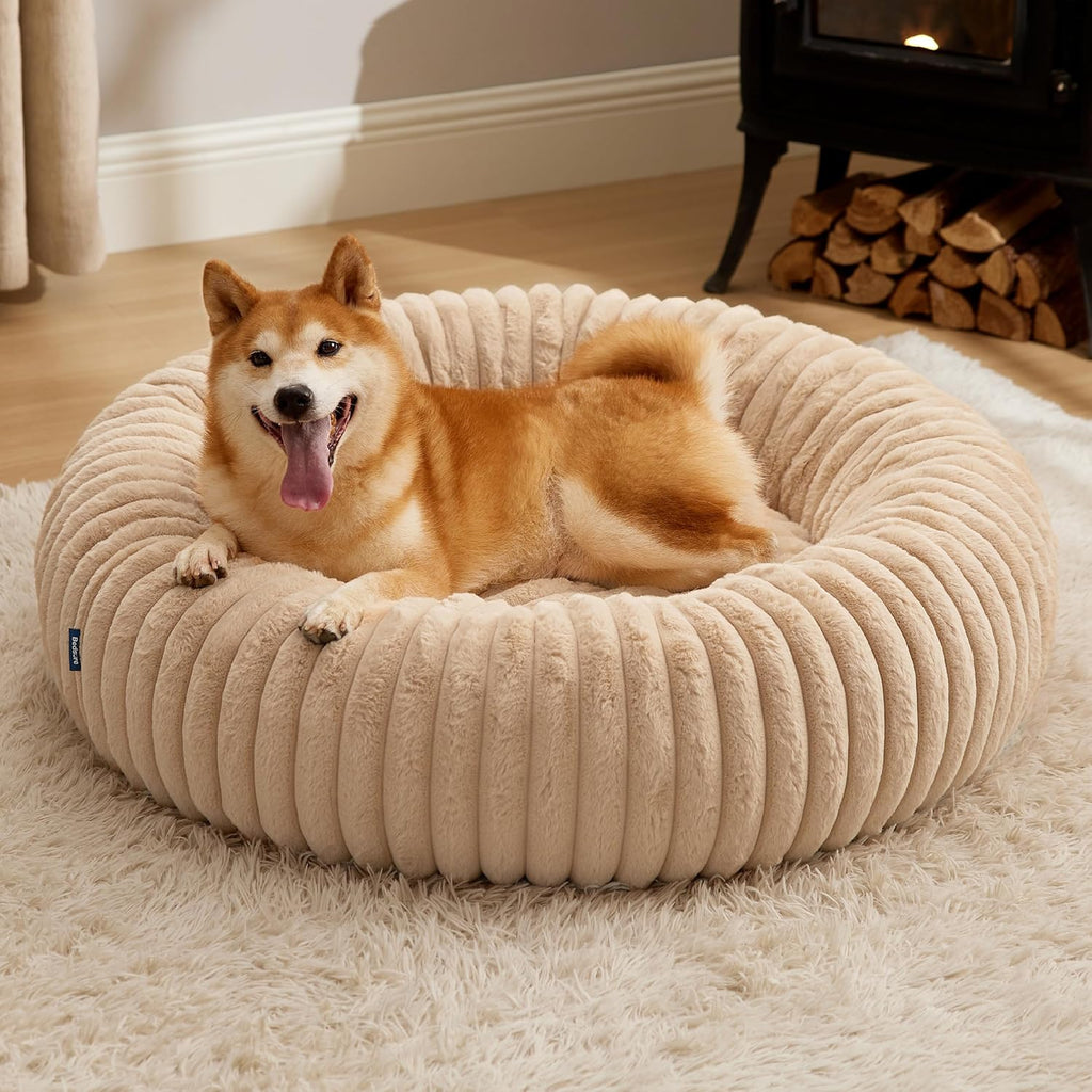 Donut Small Dog Bed - Dog Beds for Small Dogs with Corduroy Fleece & anti Slip Bottom, round Faux Fur Pet Beds with Washable Removable Cover, Cream, 27X27X8 Inches