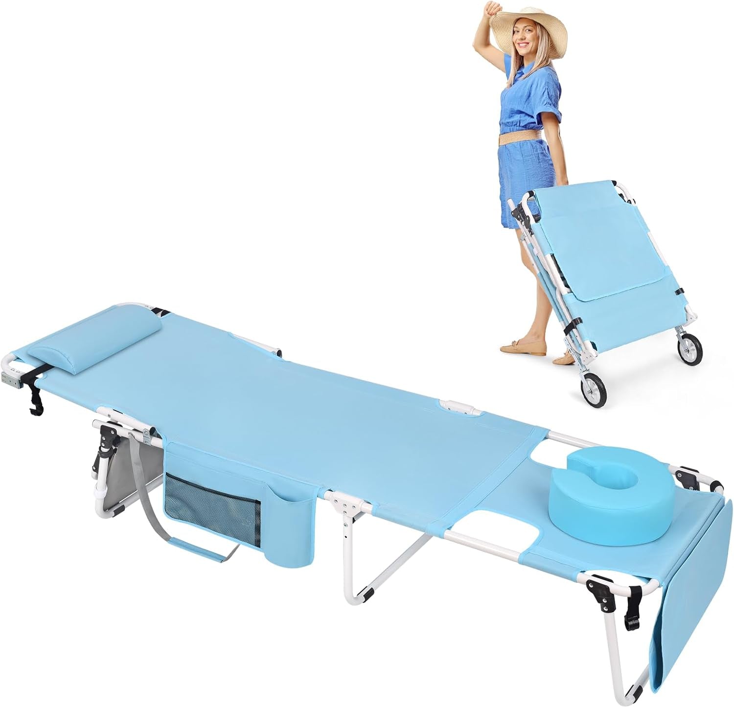 Wheel-To-Go Tanning Chair with Wheels Sun Canopy Umbrella Face Hole Thicker Washable Adjustable, Heavy Duty Folding Lay Flat Sun Lounge Chair Beach outside Sunbathing Reading, UPF 50+ (Patent Design)