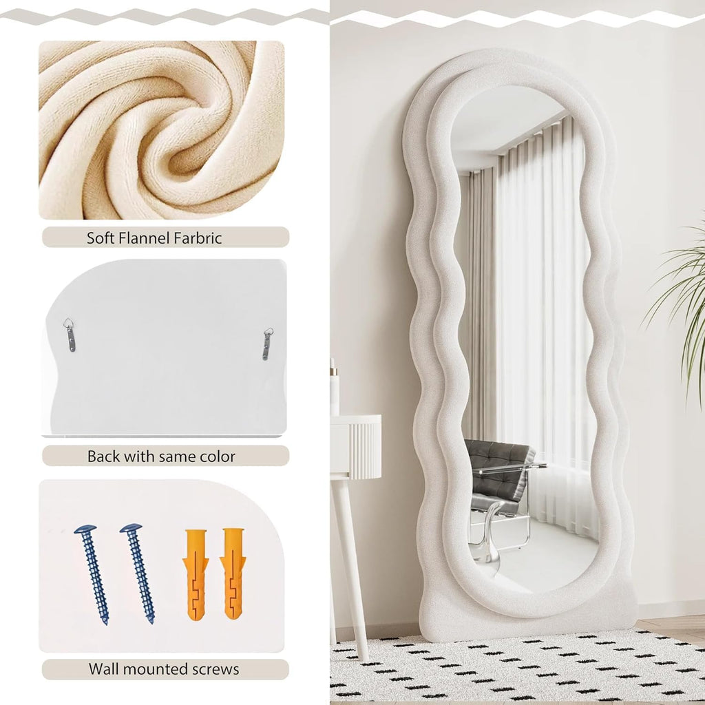 Full Length Mirror, 63" X 24"Irregular Wavy Mirror, Large Floor Length Mirrors Wall Mounted, Standing Wavy Mirrors with Flannel Wrapped Wooden Frame for Bedroom/Living Room, White