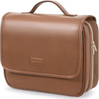 Hanging Travel Toiletry Bag for Women - Plaid Leather Travel Makeup Bag with Detachable Organizer, Waterproof Cosmetic Bag for Full-Sized Toiletries Fit Shower Bathroom Cruise, Off-White (M)