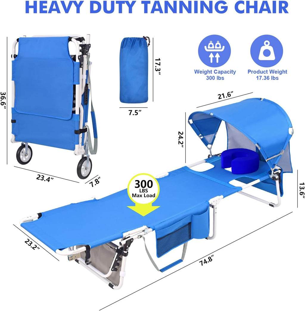 Wheel-To-Go Tanning Chair with Wheels Sun Canopy Umbrella Face Hole Thicker Washable Adjustable, Heavy Duty Folding Lay Flat Sun Lounge Chair Beach outside Sunbathing Reading, UPF 50+ (Patent Design)