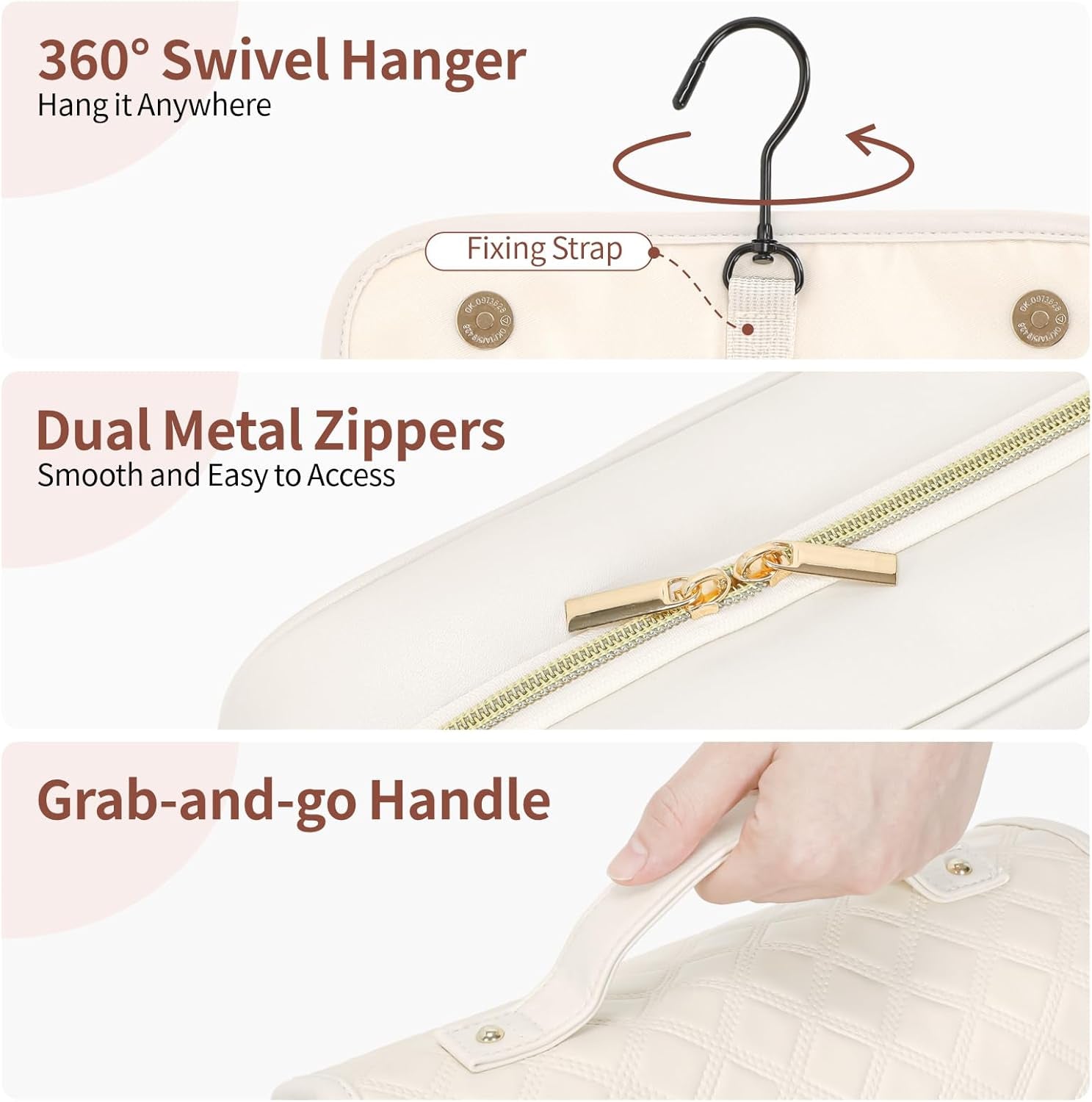 Hanging Travel Toiletry Bag for Women - Plaid Leather Travel Makeup Bag with Detachable Organizer, Waterproof Cosmetic Bag for Full-Sized Toiletries Fit Shower Bathroom Cruise, Off-White (M)