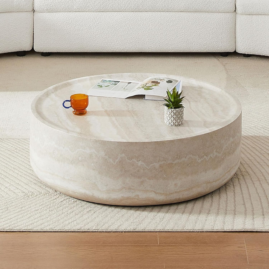 Round Coffee Table Set of 2 for Living Room Modern Drum Center Table Circle Side Tables for Apartment, No Need Assembly (Fiberglass 35.43'' &15.74'')