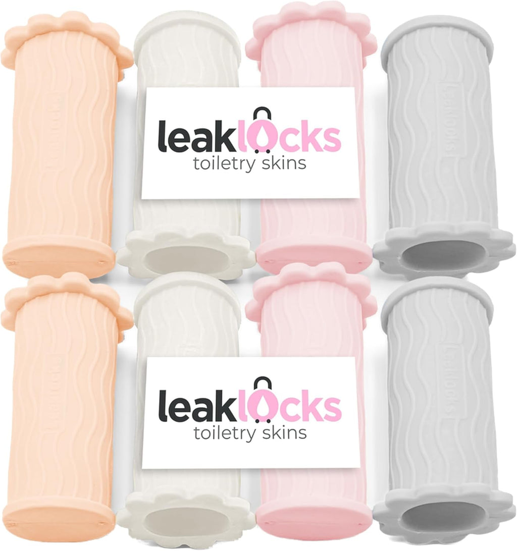 Leaklocks® Toiletry Skins™ Elastic Sleeve for Leak Proofing Travel Container in Luggage. for Standard and Travel Sized Toiletries. Reusable Accessory for Travel Bag Suitcase and Carry-On Luggage
