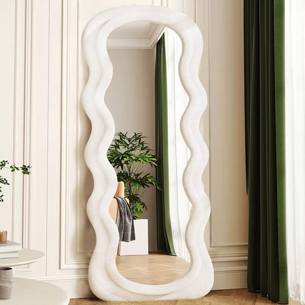 Full Length Mirror, 63" X 24"Irregular Wavy Mirror, Large Floor Length Mirrors Wall Mounted, Standing Wavy Mirrors with Flannel Wrapped Wooden Frame for Bedroom/Living Room, White