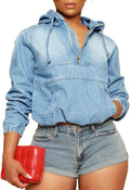 Women'S Half Zip Denim Hoodie Pullover Jackets Jean Tops