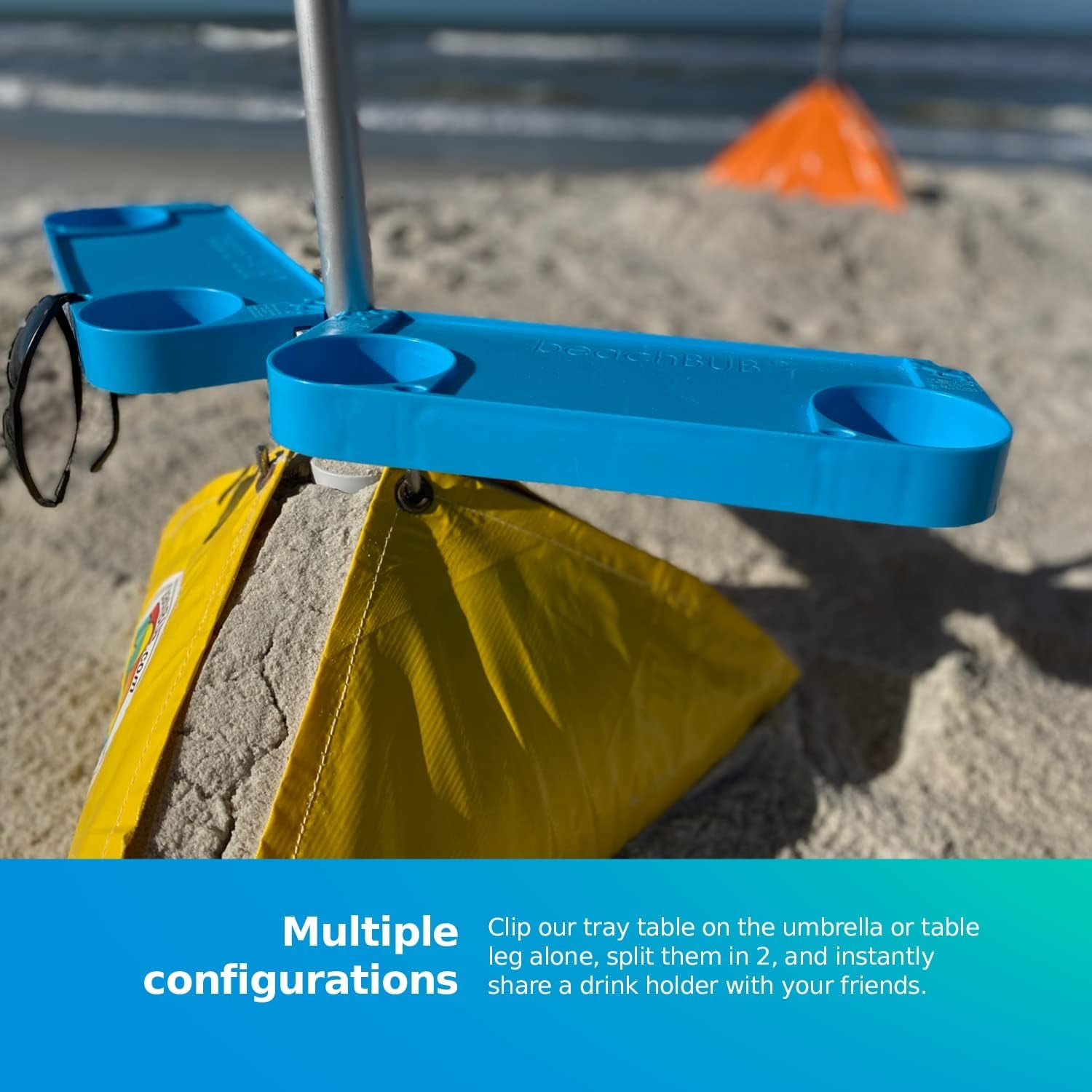 Tray Table System with 4 Cup Holders - Beach Trip Must Have for Vacation - Easy Clip on & Clip off Umbrella