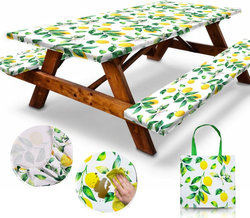 6Ft Polyester Picnic Table Cover with Bench Covers Windproof & Waterproof Tablecloth, Perfect for Camping Gifts & RV Essentials, Cool Camping Gadgets, with Carrying Bag, 72X30 Inches, 4Pcs