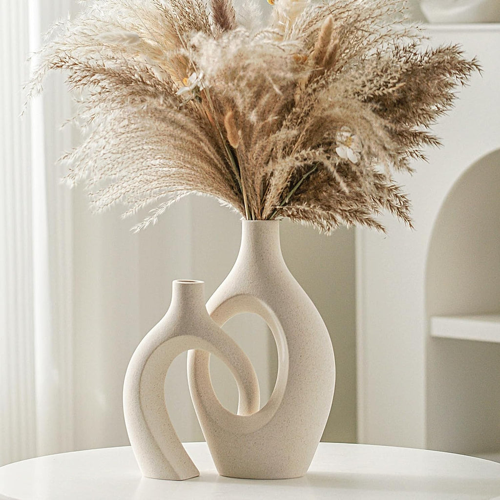 Snuggle Hollow Ceramic Vase Set of 2, Nordic Modern Boho Ins Style Decorative Ceramic Aesthetic Flower Vase for Home Decor (Milky White W 6.3" X H 8.4")