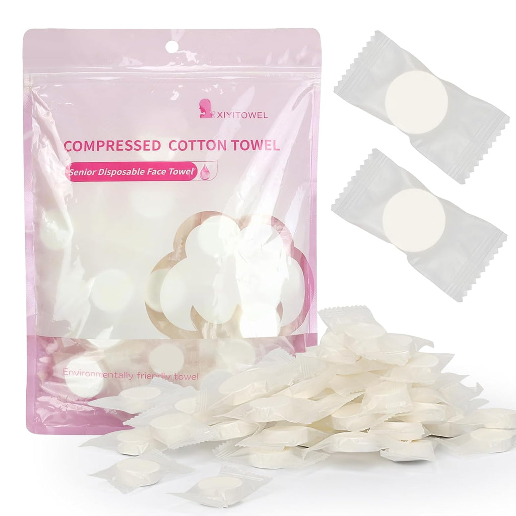Compressed Towel 100 PCS Mini Tablets Disposable Portable Face Towel Cotton Coin Tissue for Travel, Camping, Hiking, Sport, Beauty Salon, Home Hand Wipes and Other Outdoor Activities Pink