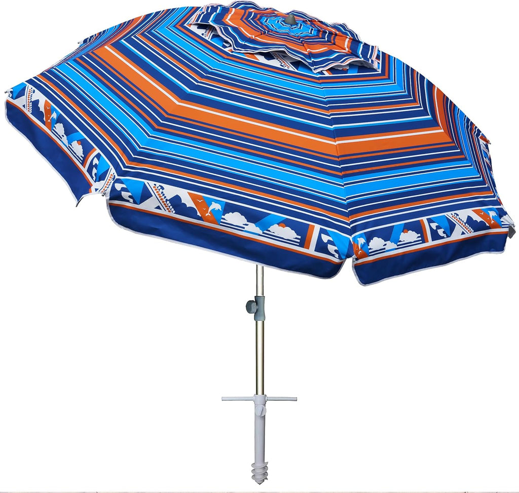 7Ft Heavy Duty High Wind Beach Umbrella Parasols with Sand Anchor & Tilt Sun Shelter, UV 50+ Protection Outdoor Sunshade Umbrellas Carry Bag for Patio Garden Pool Backyard Stripe Blue
