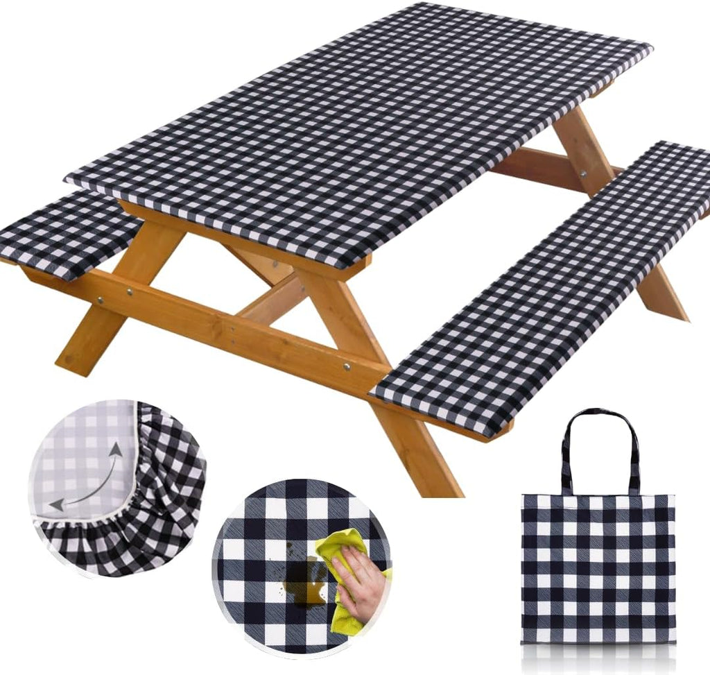 6Ft Polyester Picnic Table Cover with Bench Covers Windproof & Waterproof Tablecloth, Perfect for Camping Gifts & RV Essentials, Cool Camping Gadgets, with Carrying Bag, 72X30 Inches, 4Pcs