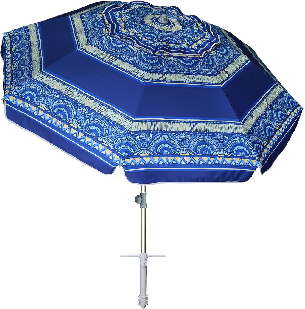 7Ft Heavy Duty High Wind Beach Umbrella Parasols with Sand Anchor & Tilt Sun Shelter, UV 50+ Protection Outdoor Sunshade Umbrellas Carry Bag for Patio Garden Pool Backyard Stripe Blue