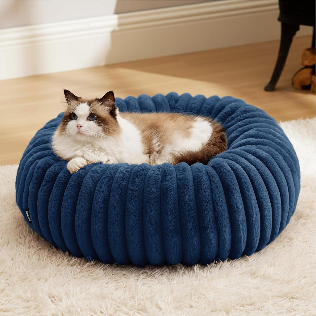 Donut Small Dog Bed - Dog Beds for Small Dogs with Corduroy Fleece & anti Slip Bottom, round Faux Fur Pet Beds with Washable Removable Cover, Cream, 27X27X8 Inches