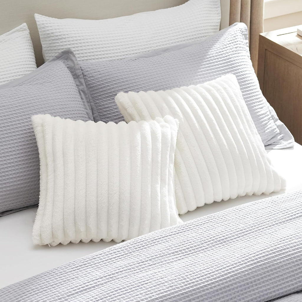 White Throw Pillow Covers 18X18 Set of 2, Soft Decorative Fluffy Striped Sofa Pillow Covers, Home Decor for Living Room Couch Bed