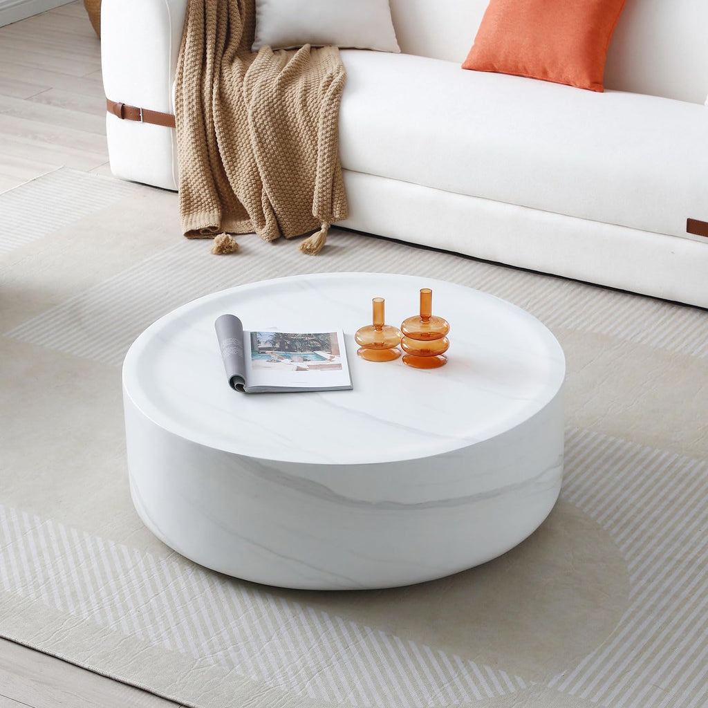 Round Coffee Table Set of 2 for Living Room Modern Drum Center Table Circle Side Tables for Apartment, No Need Assembly (Fiberglass 35.43'' &15.74'')