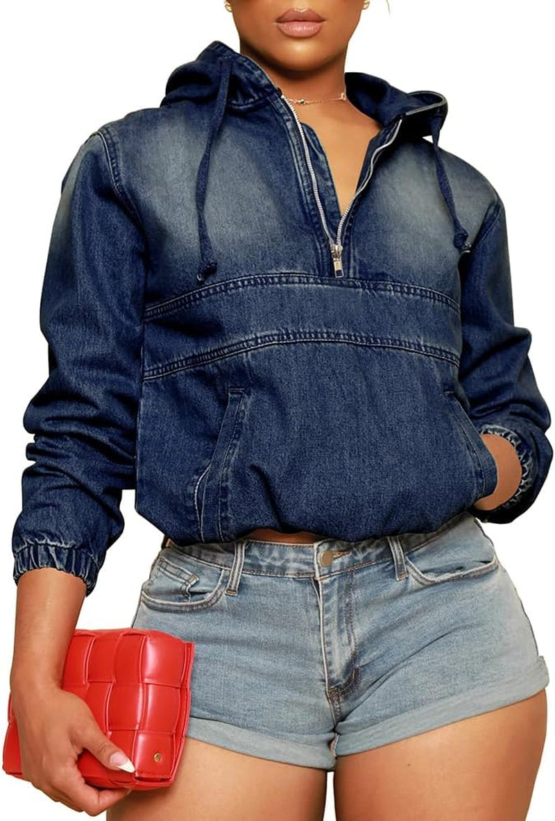 Women'S Half Zip Denim Hoodie Pullover Jackets Jean Tops