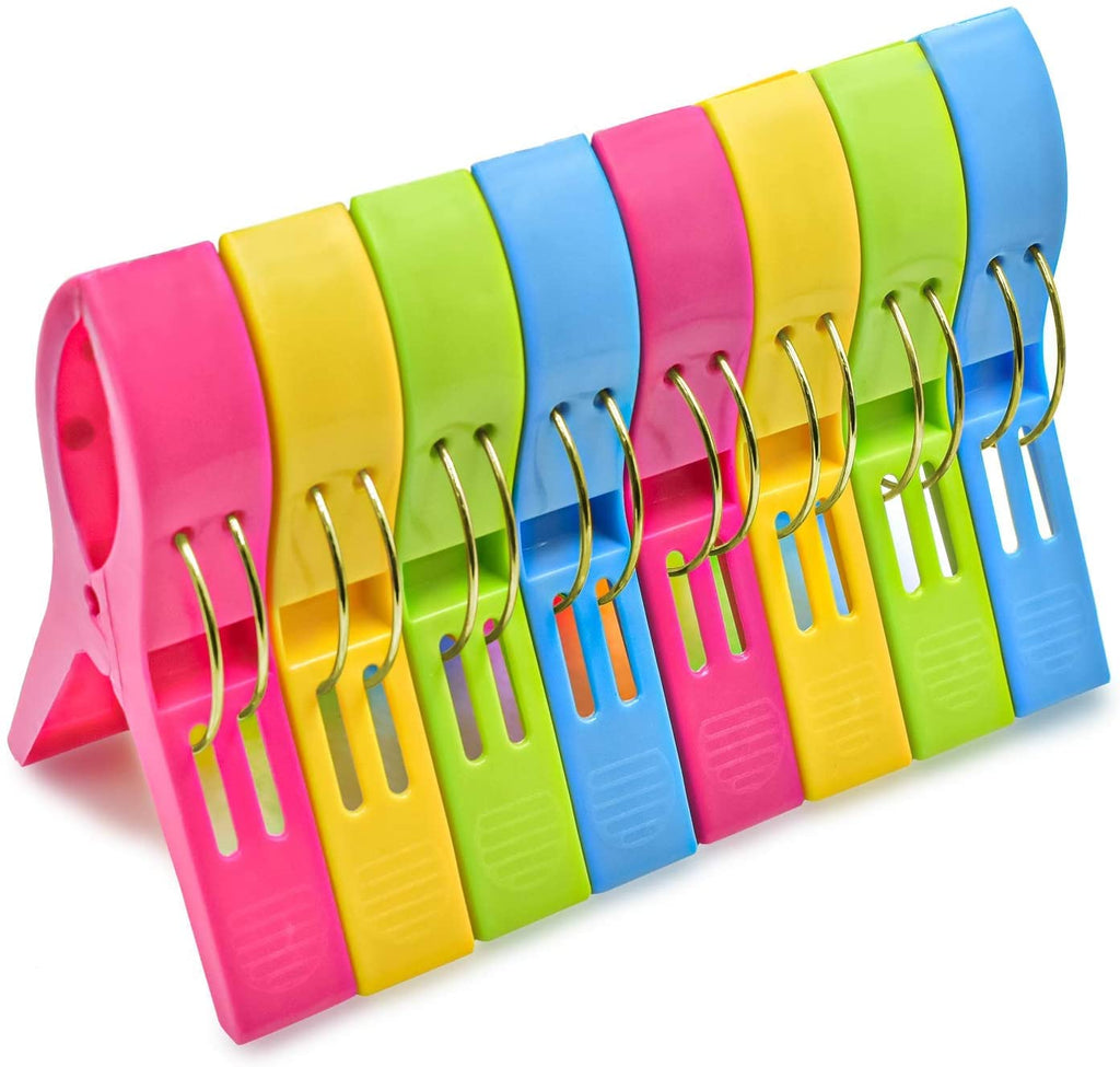 Beach Towel Clips Chair Clips Towel Holder,Plastic Clothes Pegs Hanging Clip Clamps, Yellow,Blue,Green,Red (Pack of 8)