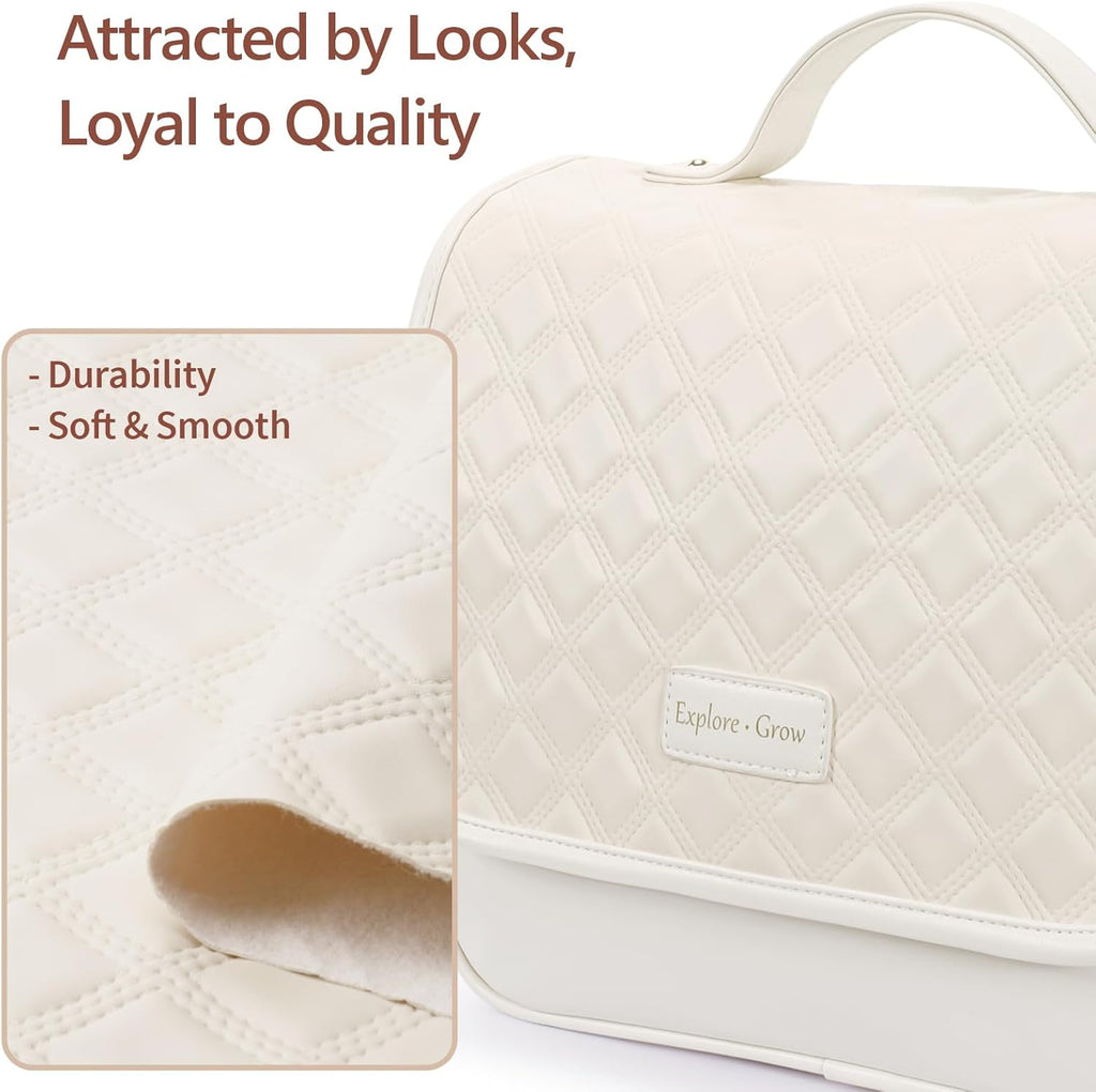 Hanging Travel Toiletry Bag for Women - Plaid Leather Travel Makeup Bag with Detachable Organizer, Waterproof Cosmetic Bag for Full-Sized Toiletries Fit Shower Bathroom Cruise, Off-White (M)