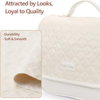 Hanging Travel Toiletry Bag for Women - Plaid Leather Travel Makeup Bag with Detachable Organizer, Waterproof Cosmetic Bag for Full-Sized Toiletries Fit Shower Bathroom Cruise, Off-White (M)