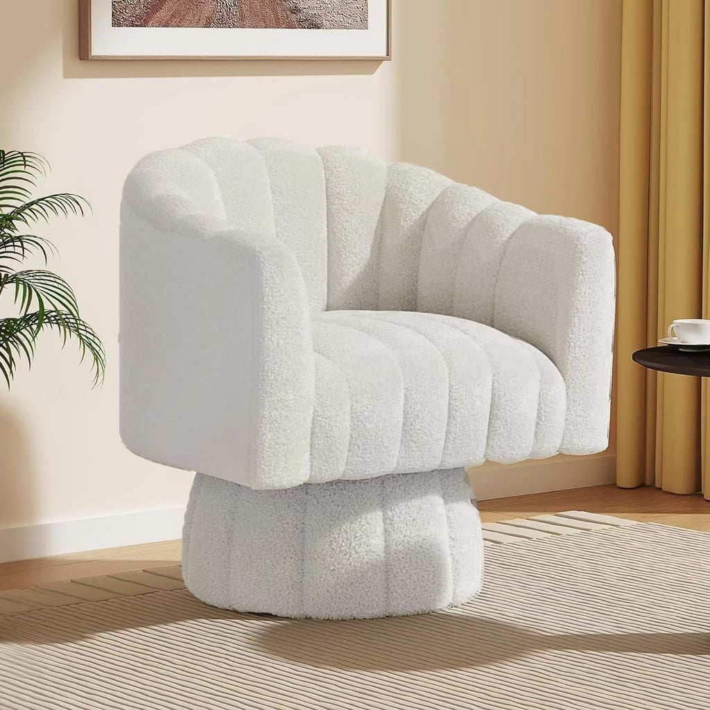 Accent Chair Mid Century 360 Degree Swivel Chair,Modern Lounge Sofa round Barrel Chair with Wide Upholstered,Fluffy Velvet Fabric Chairs for Home Sofa Living Room/Bedroom/Waiting Room (Beige)