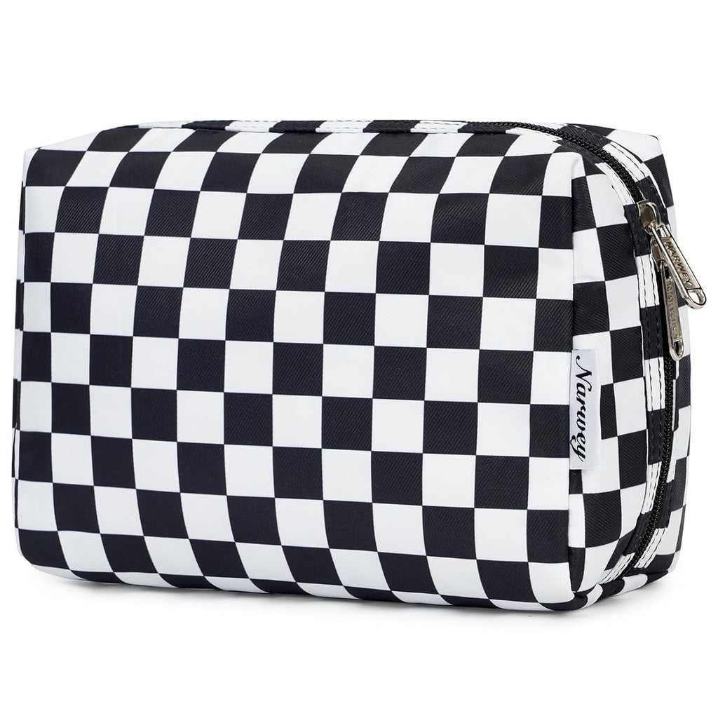 Checkered Makeup Bag Travel Cosmetic Bag Organizer Toiletry Bag Make up Bags with Compartments for Women Girls (Large, Light Checkerboard)