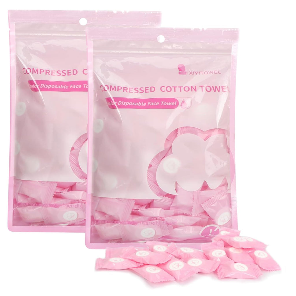 Compressed Towel 100 PCS Mini Tablets Disposable Portable Face Towel Cotton Coin Tissue for Travel, Camping, Hiking, Sport, Beauty Salon, Home Hand Wipes and Other Outdoor Activities Pink