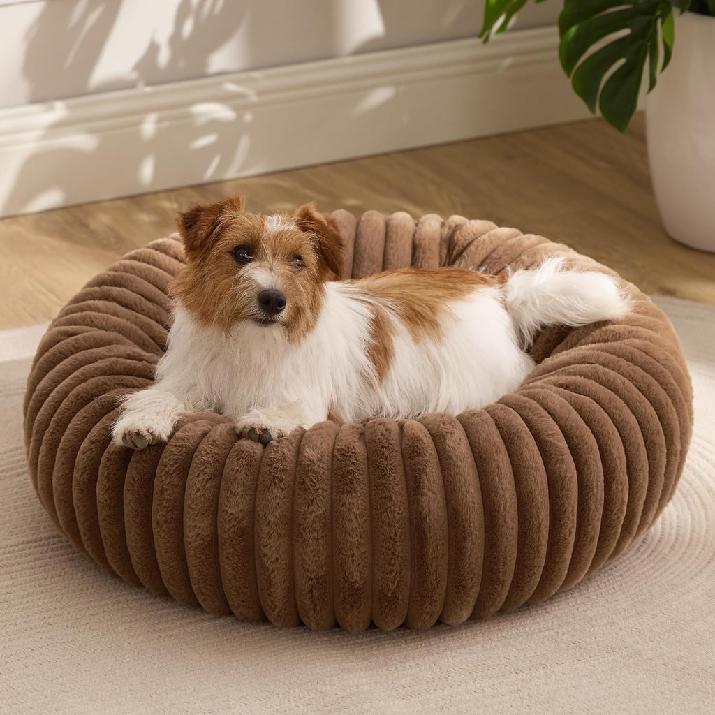 Donut Small Dog Bed - Dog Beds for Small Dogs with Corduroy Fleece & anti Slip Bottom, round Faux Fur Pet Beds with Washable Removable Cover, Cream, 27X27X8 Inches