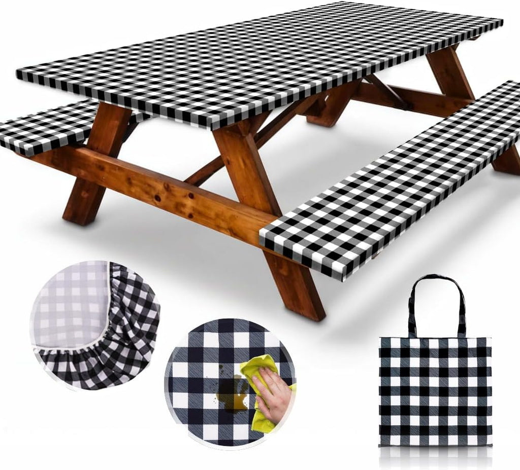 6Ft Polyester Picnic Table Cover with Bench Covers Windproof & Waterproof Tablecloth, Perfect for Camping Gifts & RV Essentials, Cool Camping Gadgets, with Carrying Bag, 72X30 Inches, 4Pcs