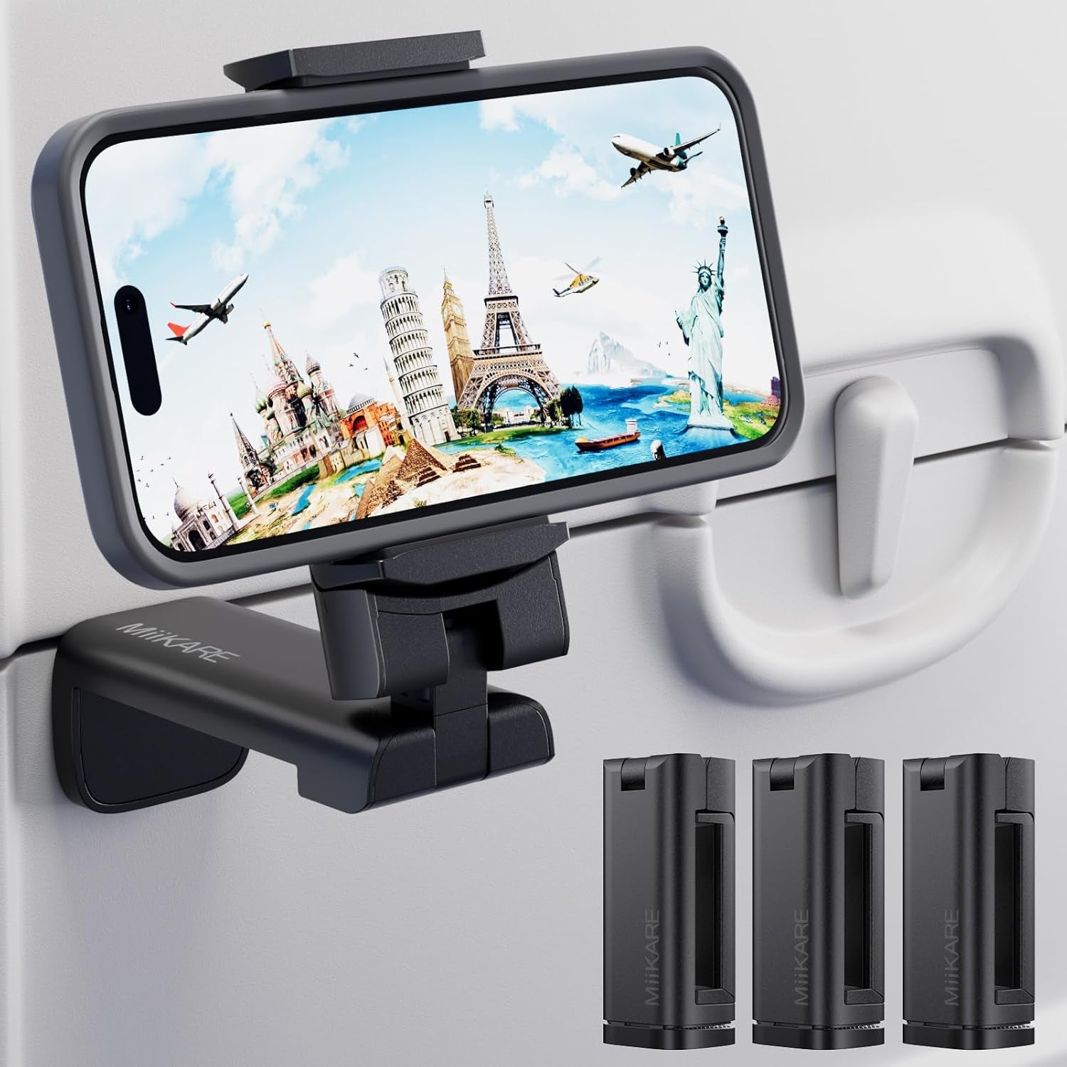 Airplane Travel Essentials Phone Holder, Universal Handsfree Phone Mount for Flying with 360 Degree Rotation, Accessory for Airplane, Travel Must Haves Phone Stand for Desk, Tray Table