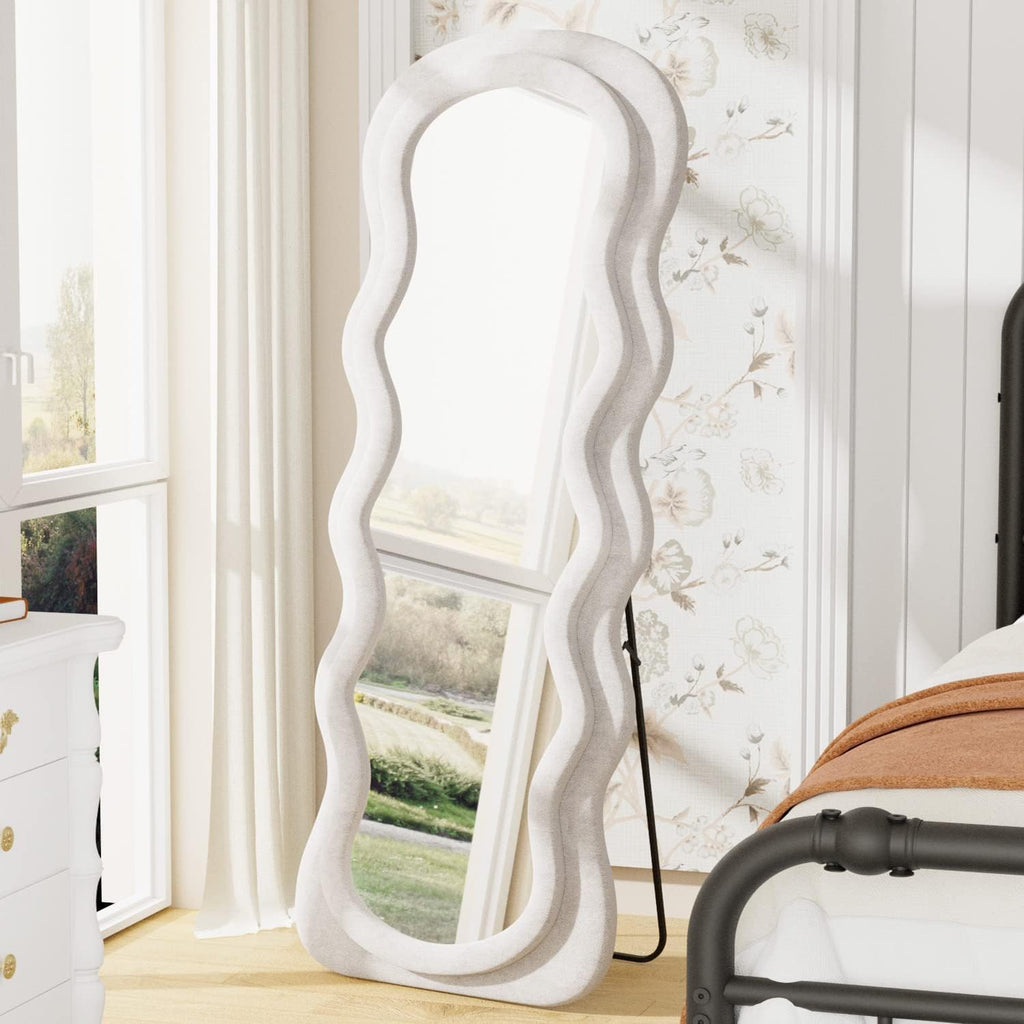 Full Length Mirror, 63" X 24"Irregular Wavy Mirror, Large Floor Length Mirrors Wall Mounted, Standing Wavy Mirrors with Flannel Wrapped Wooden Frame for Bedroom/Living Room, White