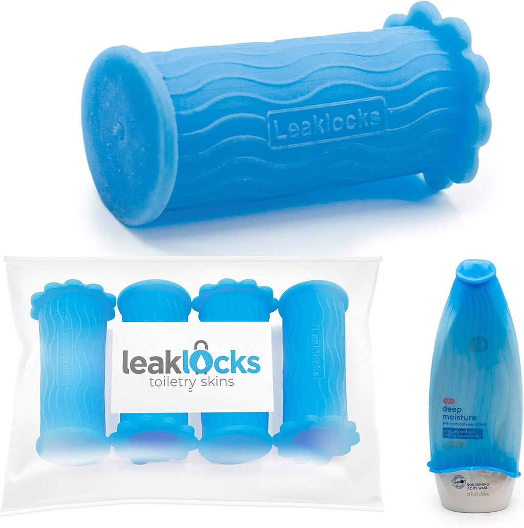 Leaklocks® Toiletry Skins™ Elastic Sleeve for Leak Proofing Travel Container in Luggage. for Standard and Travel Sized Toiletries. Reusable Accessory for Travel Bag Suitcase and Carry-On Luggage