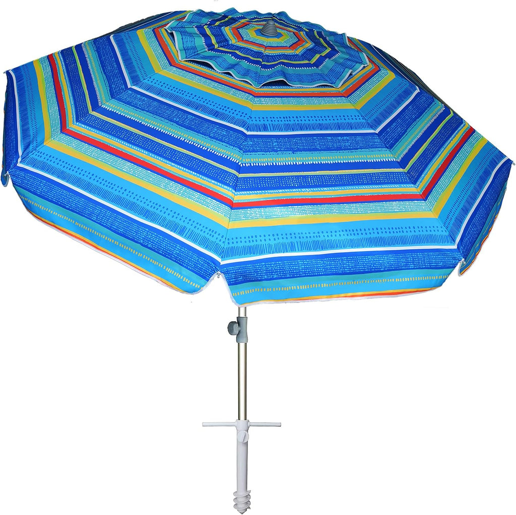 7Ft Heavy Duty High Wind Beach Umbrella Parasols with Sand Anchor & Tilt Sun Shelter, UV 50+ Protection Outdoor Sunshade Umbrellas Carry Bag for Patio Garden Pool Backyard Stripe Blue