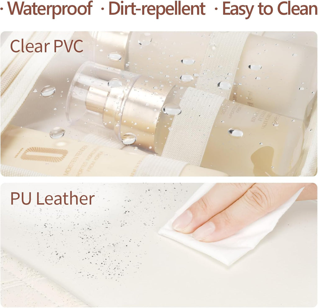 Hanging Travel Toiletry Bag for Women - Plaid Leather Travel Makeup Bag with Detachable Organizer, Waterproof Cosmetic Bag for Full-Sized Toiletries Fit Shower Bathroom Cruise, Off-White (M)