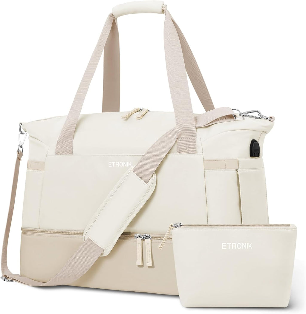 Gym Bag for Women, Personal Item Travel Bag with Shoes Compartment, Weekender Overnight Duffel Bag with Wet Pocket & USB Charging Port, Carry on Bag for Women, Travel, Gym, Weekend (Beige)
