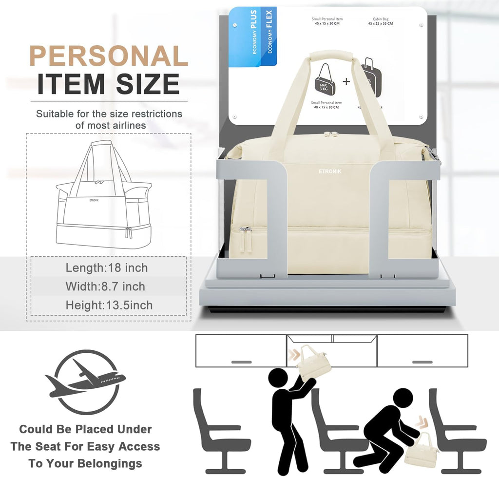 Gym Bag for Women, Personal Item Travel Bag with Shoes Compartment, Weekender Overnight Duffel Bag with Wet Pocket & USB Charging Port, Carry on Bag for Women, Travel, Gym, Weekend (Beige)