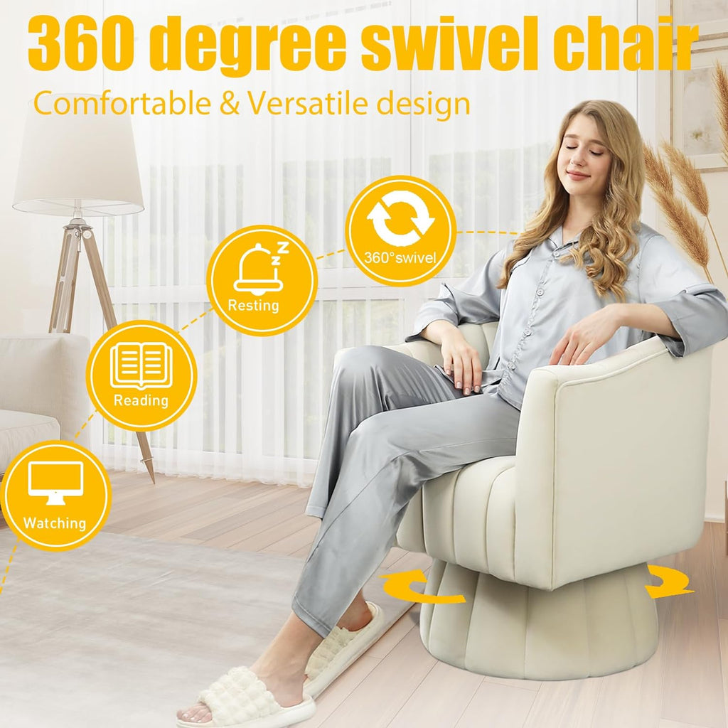 Accent Chair Mid Century 360 Degree Swivel Chair,Modern Lounge Sofa round Barrel Chair with Wide Upholstered,Fluffy Velvet Fabric Chairs for Home Sofa Living Room/Bedroom/Waiting Room (Beige)