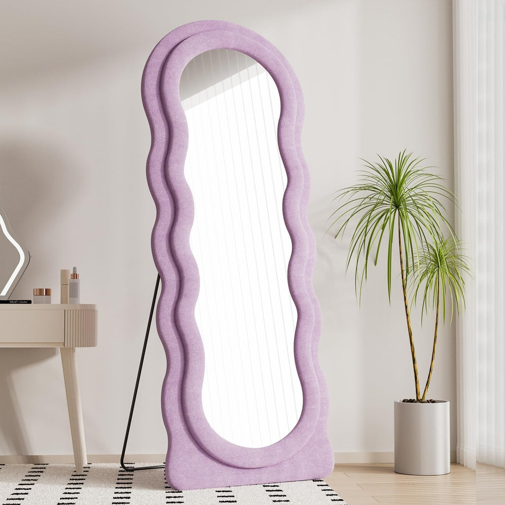 Full Length Mirror, 63" X 24"Irregular Wavy Mirror, Large Floor Length Mirrors Wall Mounted, Standing Wavy Mirrors with Flannel Wrapped Wooden Frame for Bedroom/Living Room, White