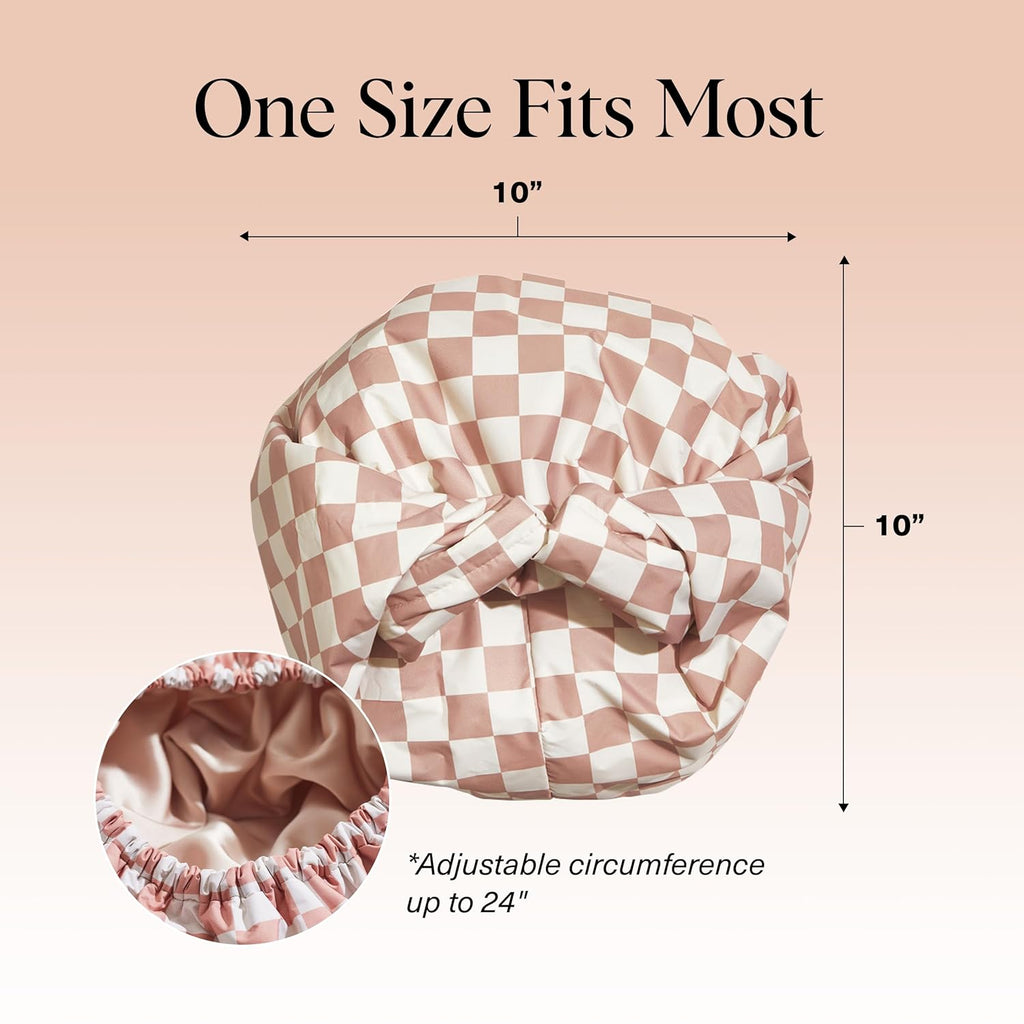 Luxury Shower Caps for Women Reusable Waterproof - Flexi Satin Lined, Large Shower Cap for Men, Non-Slip, Quick-Dry, Adjustable, Stylish Hair Cap for Long & Short Hair - Terracotta Checker