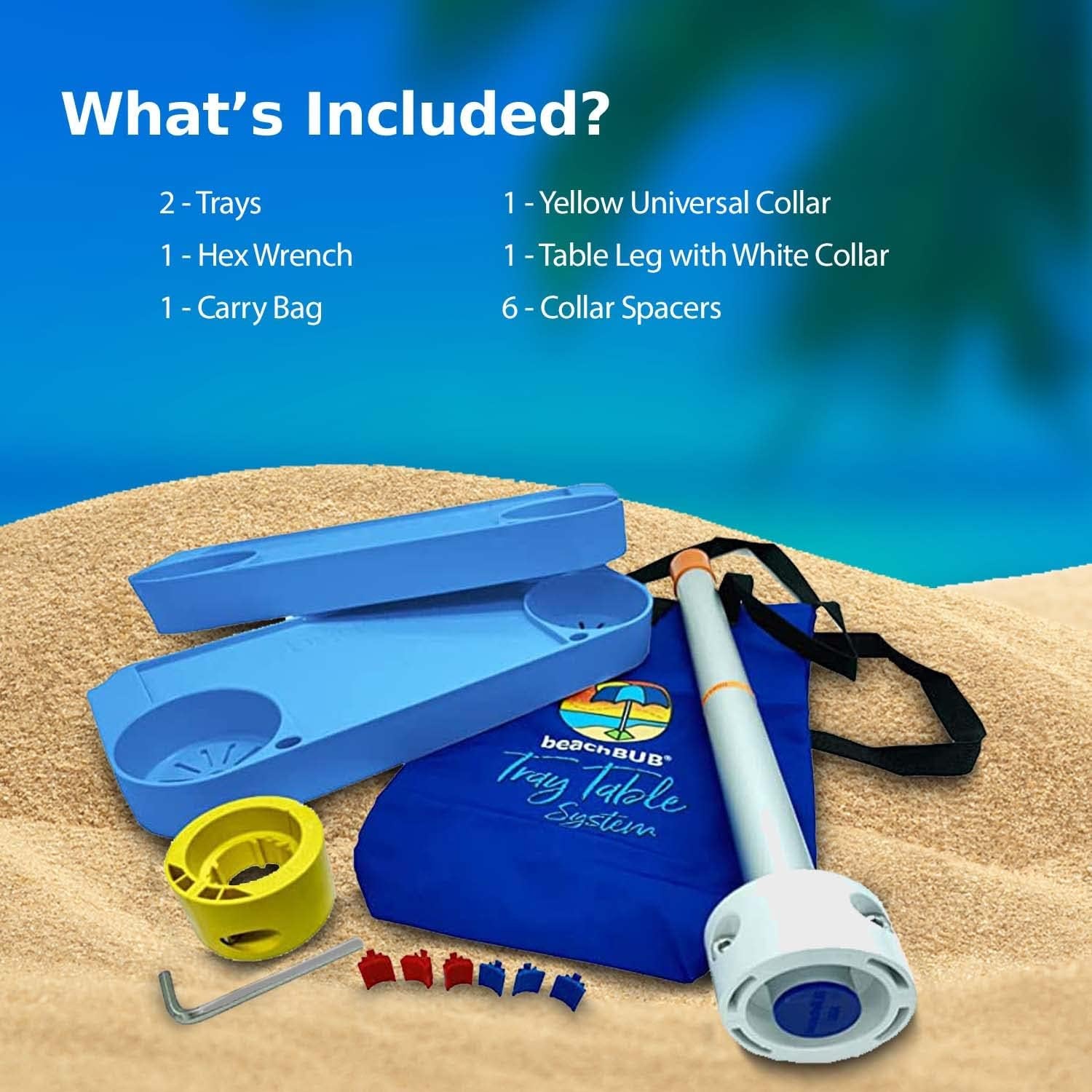 Tray Table System with 4 Cup Holders - Beach Trip Must Have for Vacation - Easy Clip on & Clip off Umbrella