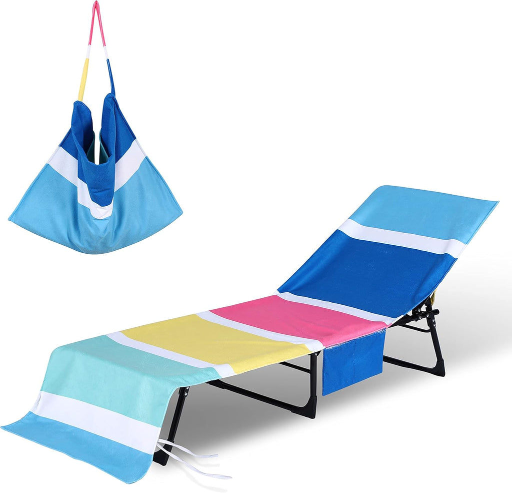 Chaise Lounge Chair Towel Cover with Side Pockets, Soft Microfiber, 80" X 26" Chair Cover for Beach/Pool Sunbathing Holiday, Patio (Stripe)