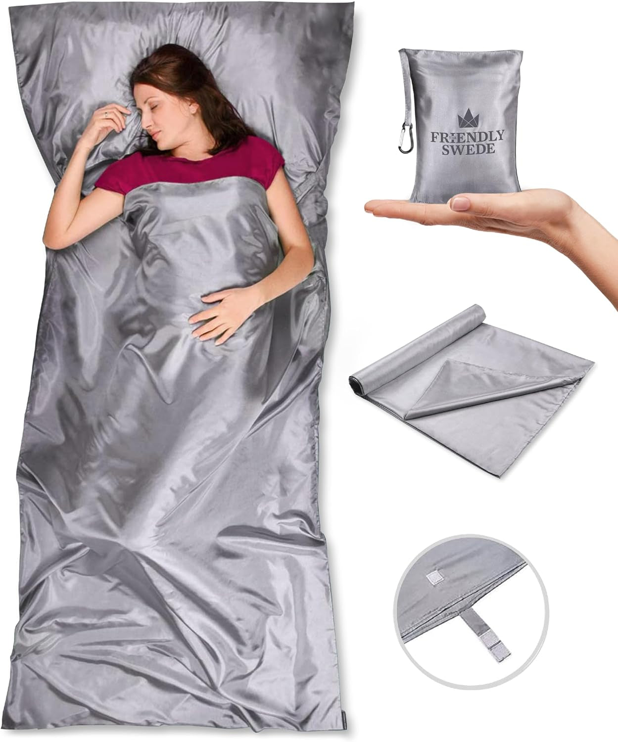 Sleeping Bag Liner Ultralight - Thin Travel Sheets for Hotel W Full Length Zipper; Silky Feel Camping Sheets & Adult Sleep Sack for Backpacking; Travel Sleeping Bag - Grey (Zipper)