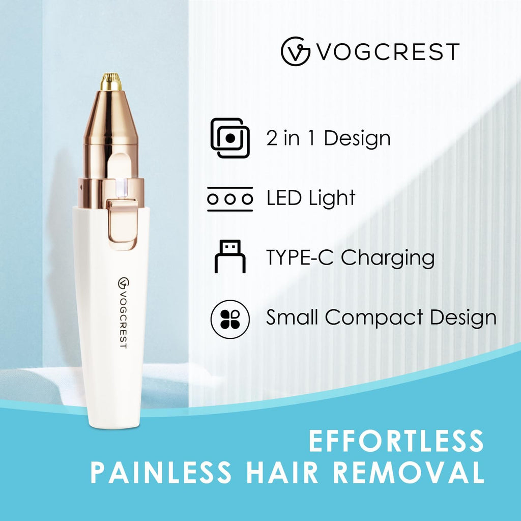 Eyebrow Facial Trimmer: 2 In1 Rechargeable Facial Hair Removal and Eyebrow Shaver - Face Lips Body Painless Facial Razor with Built-In LED Light (White)